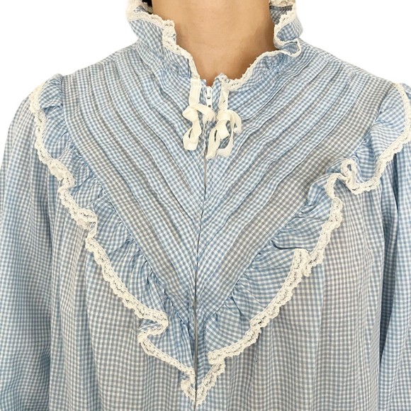 Vtg Handmade Nightgown Pleated Bib Eyelet Lace L/S Blue Gingham Zip Cottage Core - Picture 2 of 10
